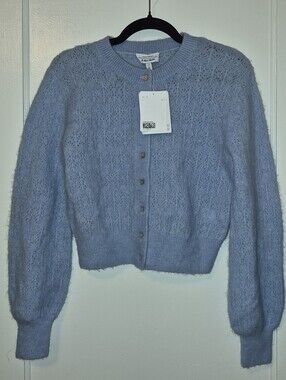 New Tags & Other Stories Blue Eyelet Knit Heart Button Cardigan, Size S